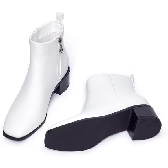 Genshuo Ankle Boot Women Size (6-10) White Polyurethane Zipper Heeled Square Toe - Picture 7 of 9